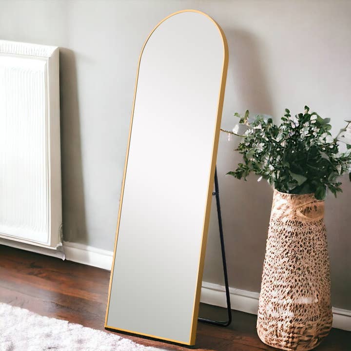 HomeRoots - Wholesale Floor Mirror - Narrow Gold Arched Full-Length Floor Mirror With Stand