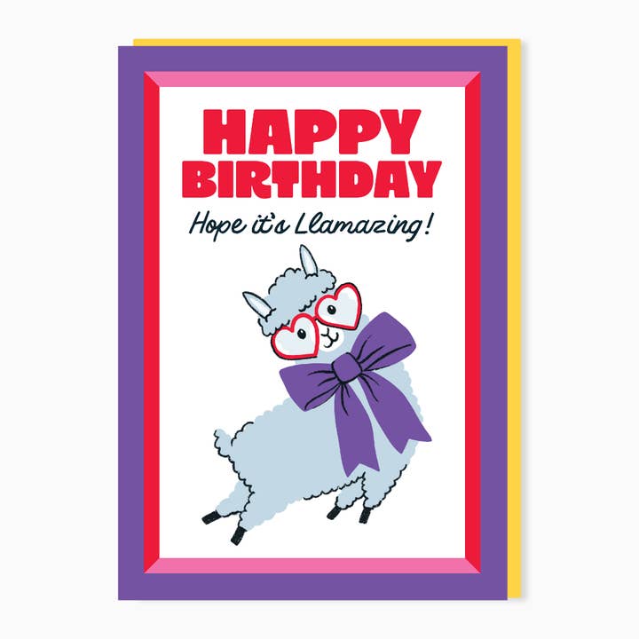 Funny birthday card with happy llama for wholesale by Stoats & Weasels