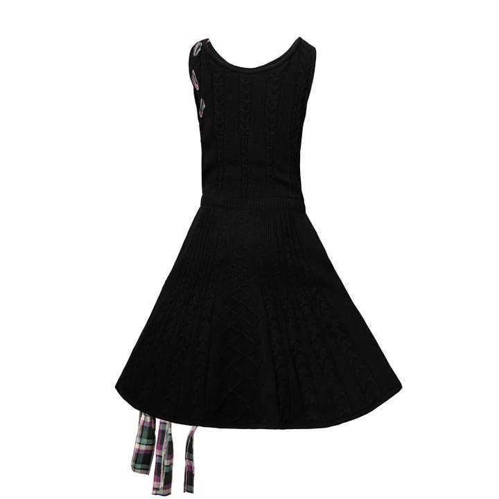 Infantium Victoria – wholesale Dress – Kids – Black Cable Knit Dress with Purple Tartan Details2