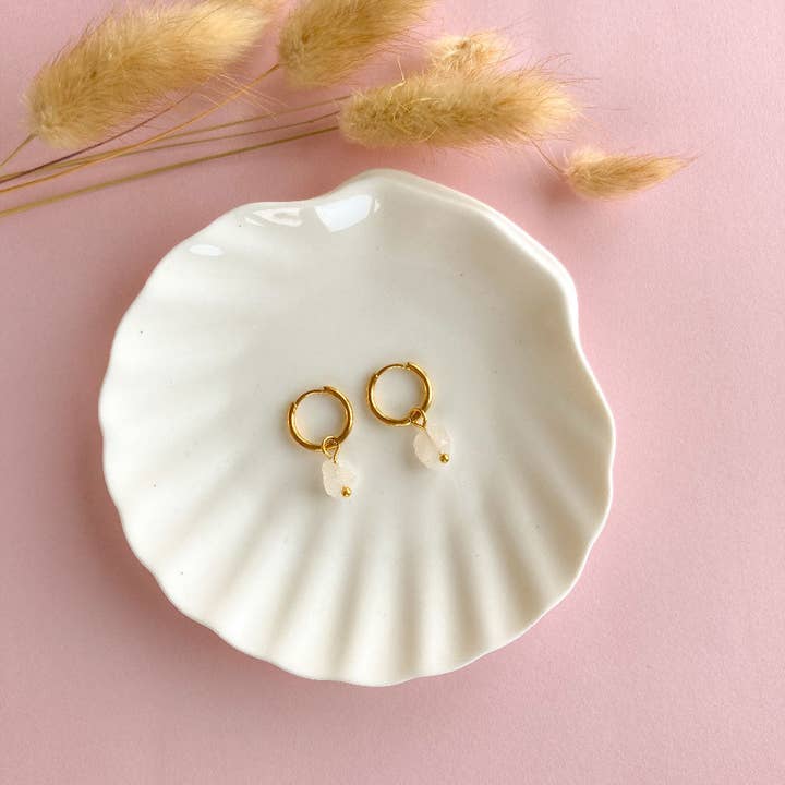 Raw rose quartz gold earrings for wholesale by Mystic Jewelry