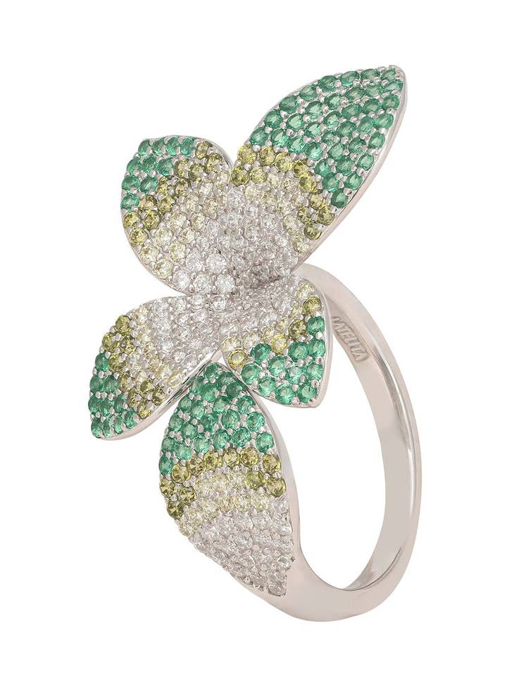 Camillia Flower Cocktail Ring Green Silver for wholesale by Latelita