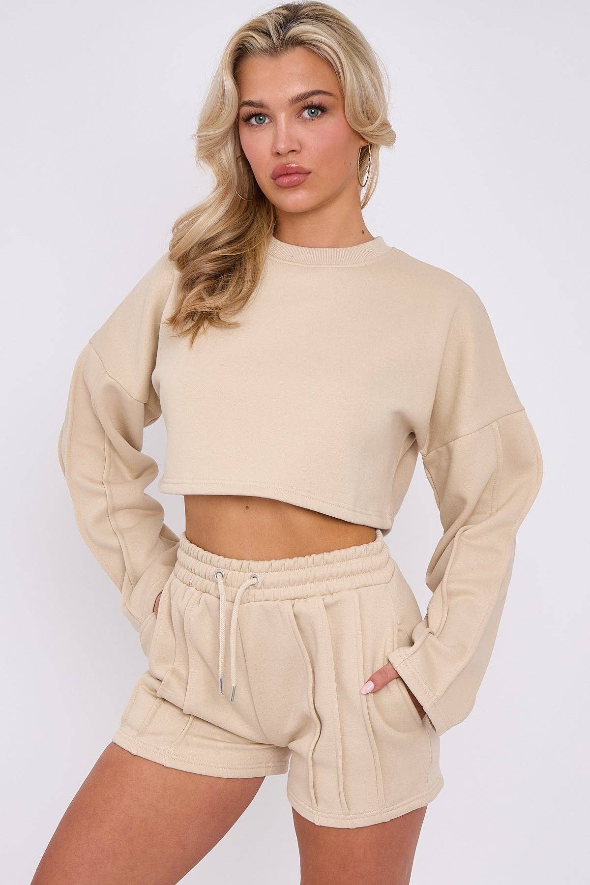 AX Labels - Wholesale Lounge Set - Women's - Seam Detail Oversized Crop Top & Shorts Fleece Co-ord28