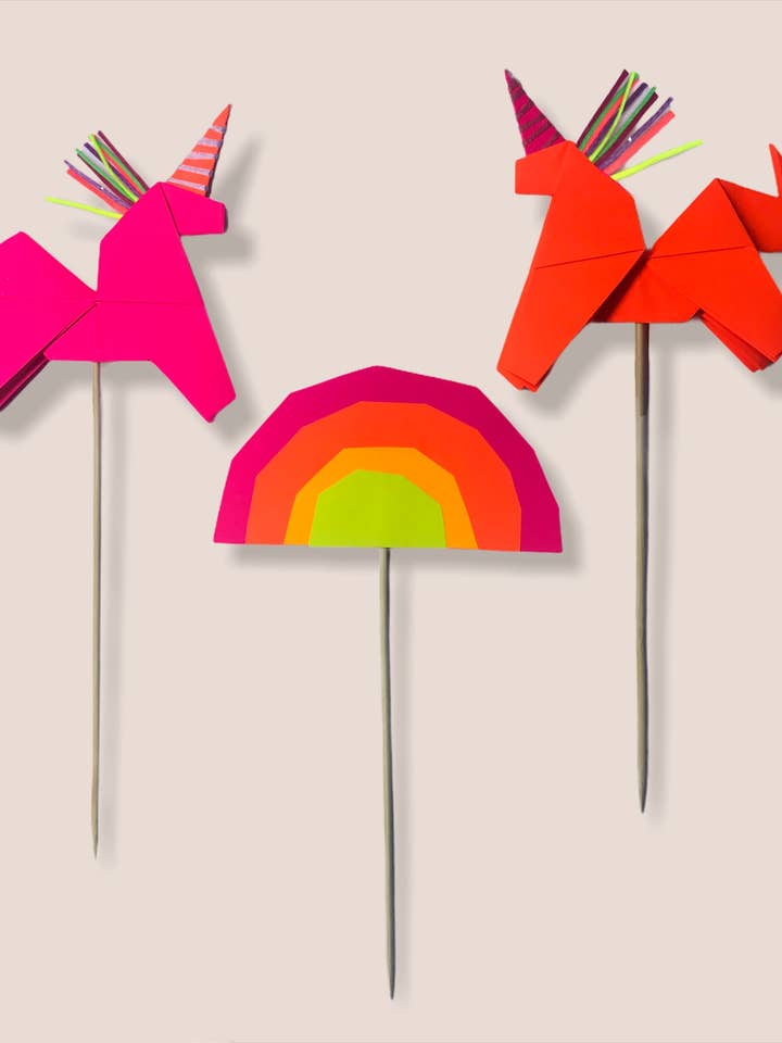 Unicorn and Rainbow Origami Cake Topper, 3 in a package for wholesale by BalinMandalin