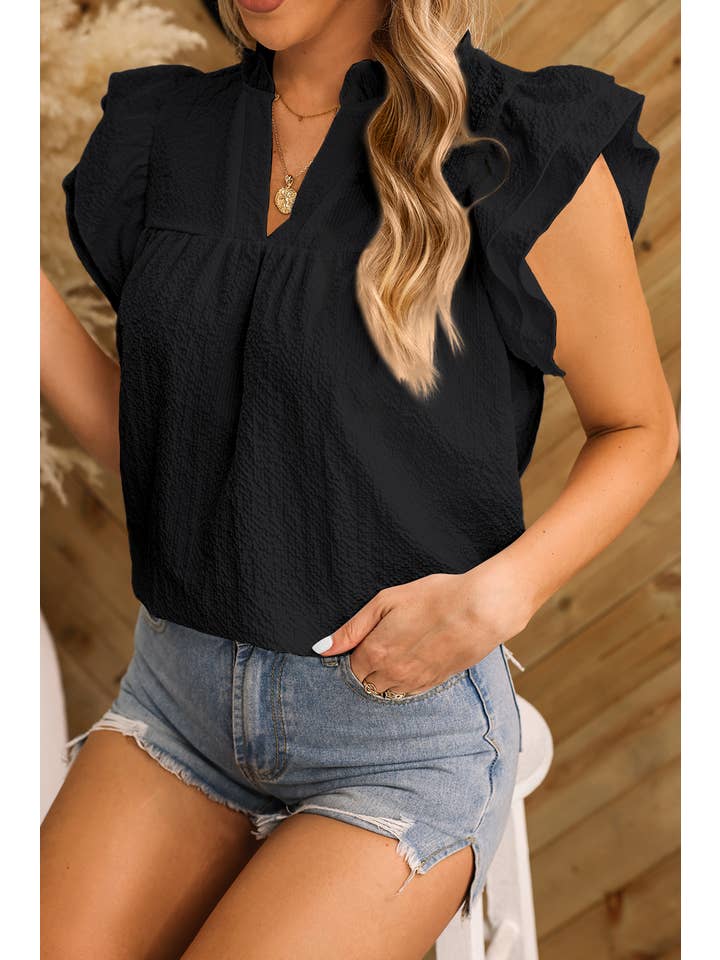 Aapparella - Wholesale Blouse - Women's - Women Ruffle Textured Flutter Sleeve V Neck Top | S-XL