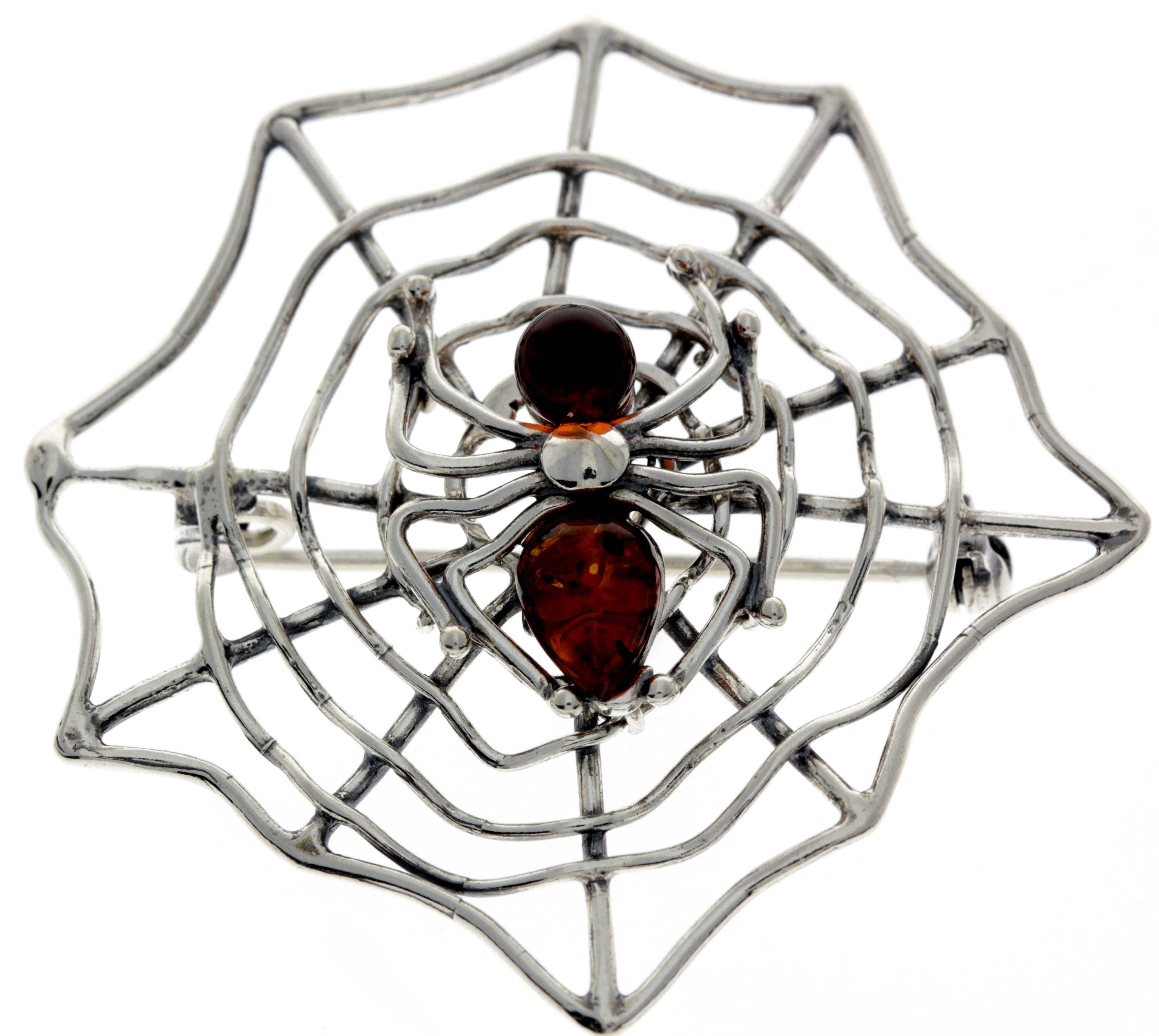 SilverAmber Jewellery - Wholesale Brooch - 925 Sterling Silver & Baltic Amber Spider on the web Brooch - 40391