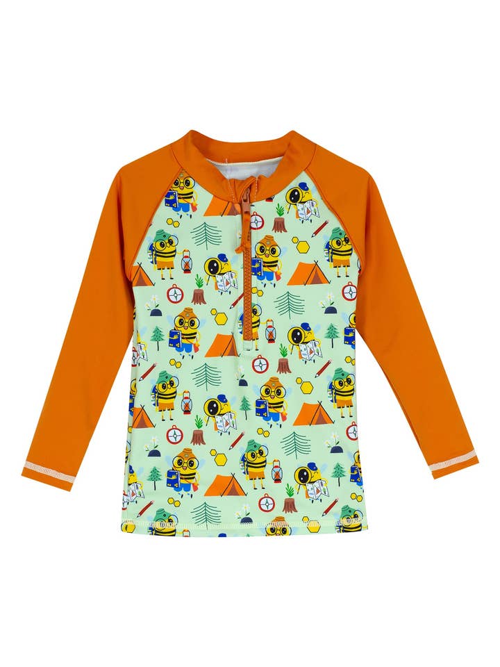 Bee Print UPF50+ Long Sleeve Rasguard (Green & Orange) for wholesale by Daring Littles