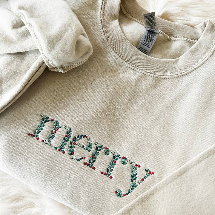 Embroidered Floral Merry Christmas Sweatshirt for wholesale by Plantiful Design Co