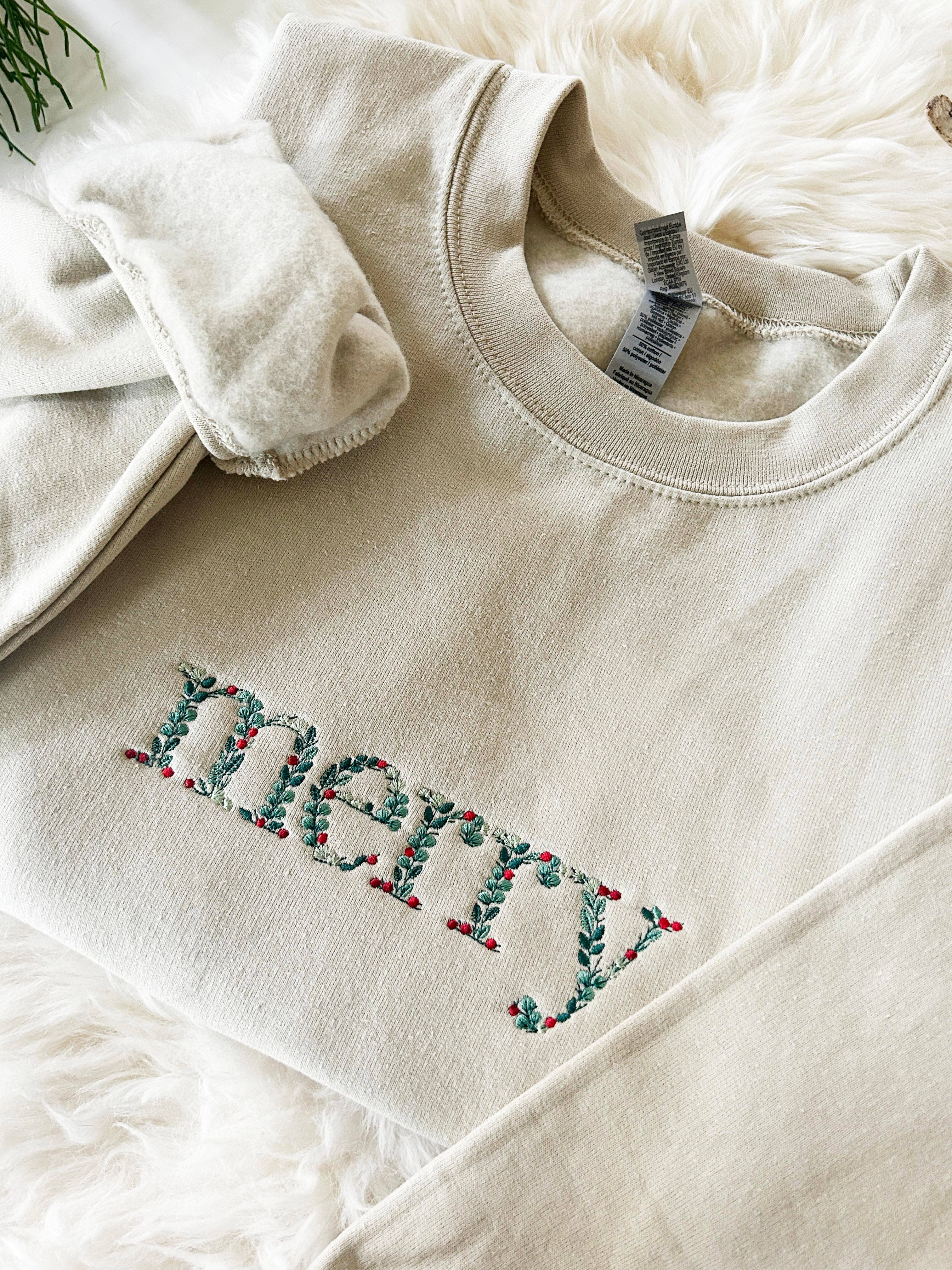Plantiful Design Co - Wholesale Sweatshirt - Women's - Embroidered Floral Merry Christmas Sweatshirt