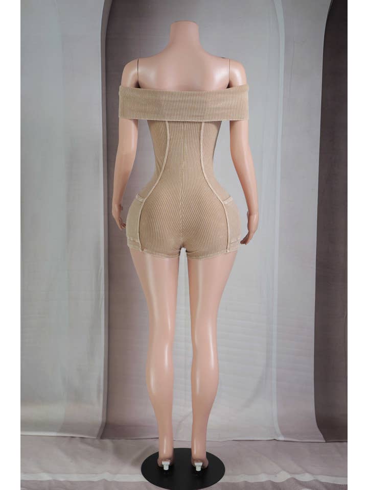Lt Brown MINERAL WASH OFF SHOULDER CARGO CONTOUR ROMPER for wholesale on Faire