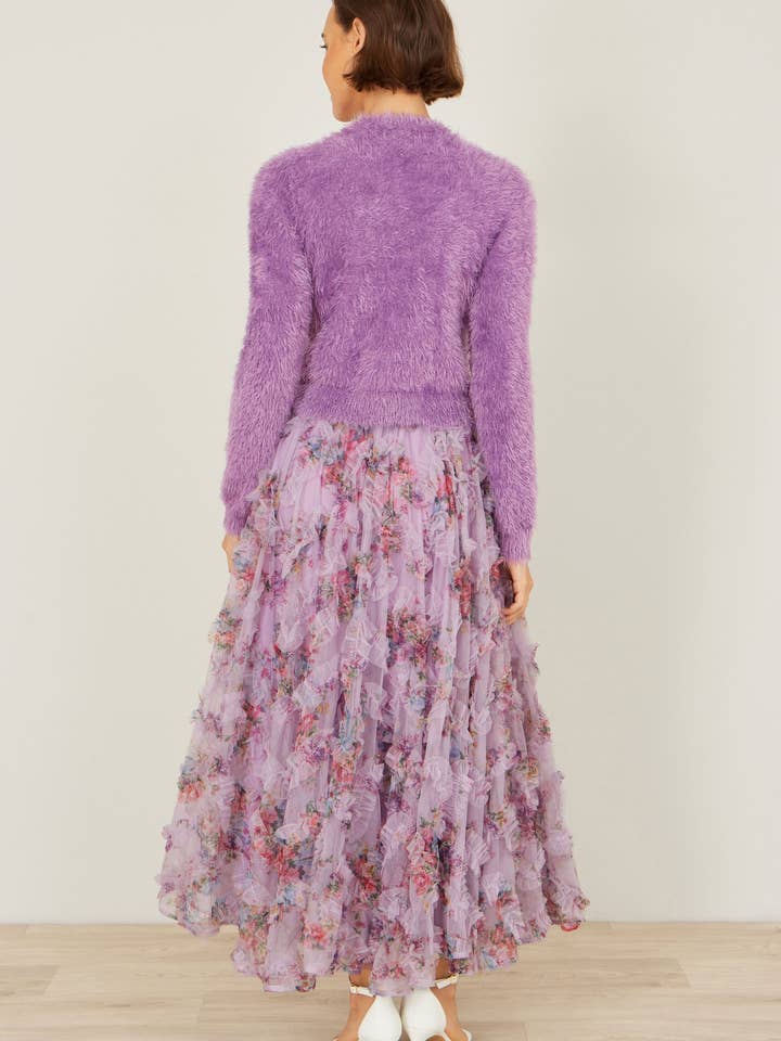 Yumi Lilac Floral Ruffle Mesh Midi Skirt for wholesale by Yumi