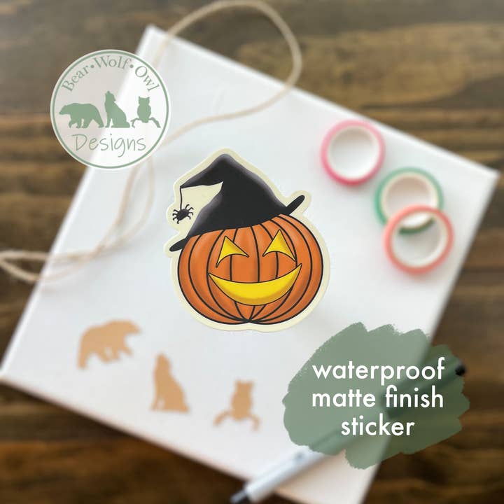 Witchy Pumpkin Aufkleber aus mattem Vinyl, 7,6 cm für den Großhandel von BearWolfOwl Designs