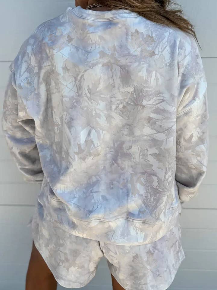 Beige FB Camo Pullover Top and Elastic Waist Short Set for wholesale on Faire1