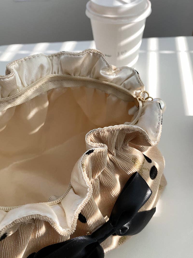 Dipped Shop – bolsa de maquilhagem e cosméticos por atacado – Necessaire de veludo cotelê com estampa de cereja e laço DPCB46