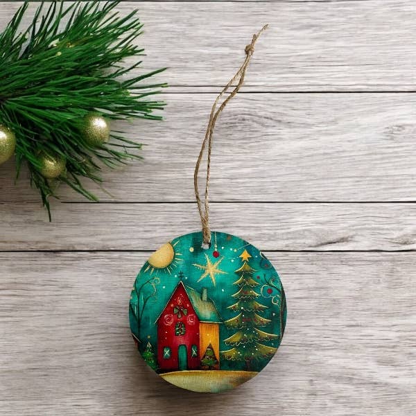 Inkwood Crafters - Wholesale Ornament - Folk Art House - Vintage Christmas Decor Wood Ornament