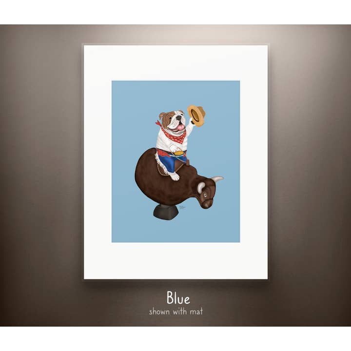 Laura Bergsma Studio – Engroshandel Kunsttryk – Engelsk Bulldog Dog Art Print, Blå Baggrundsudgave