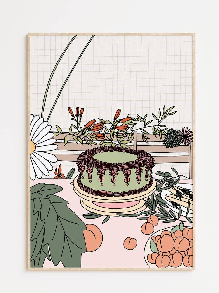 Cake and Peaches Illustrated Print for wholesale by Tillie Rose Studio