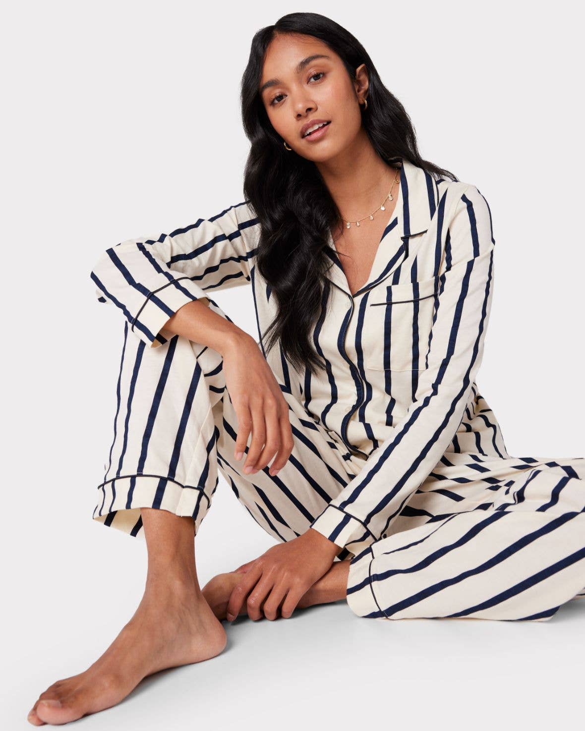Organic Cotton Stripe Long Pyjama Set - Navy for wholesale on Faire1