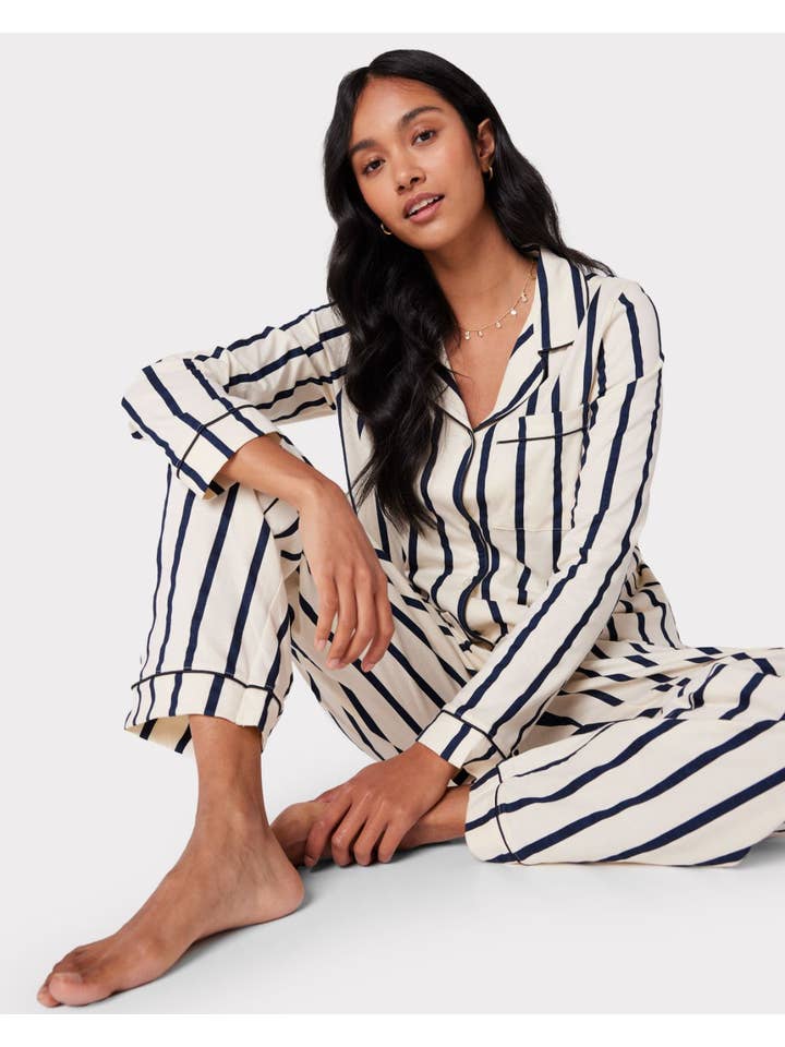Organic Cotton Stripe Long Pyjama Set - Navy for wholesale on Faire1