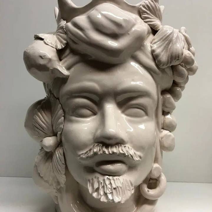 DD Ceramiche Siciliane - Wholesale Decorative Figurine - Moor's Heads Crown with Pointed Caltagirone Ceramic cm H.28 L.20 Handcrafted White