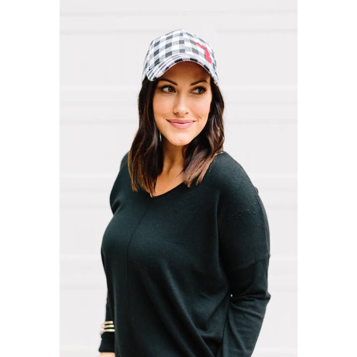 Simply Stated - Wholesale Baseball Cap - Women's - Hat // Michigan ~ White Plaid Flannel Hat + Red Felt MICHIGAN4