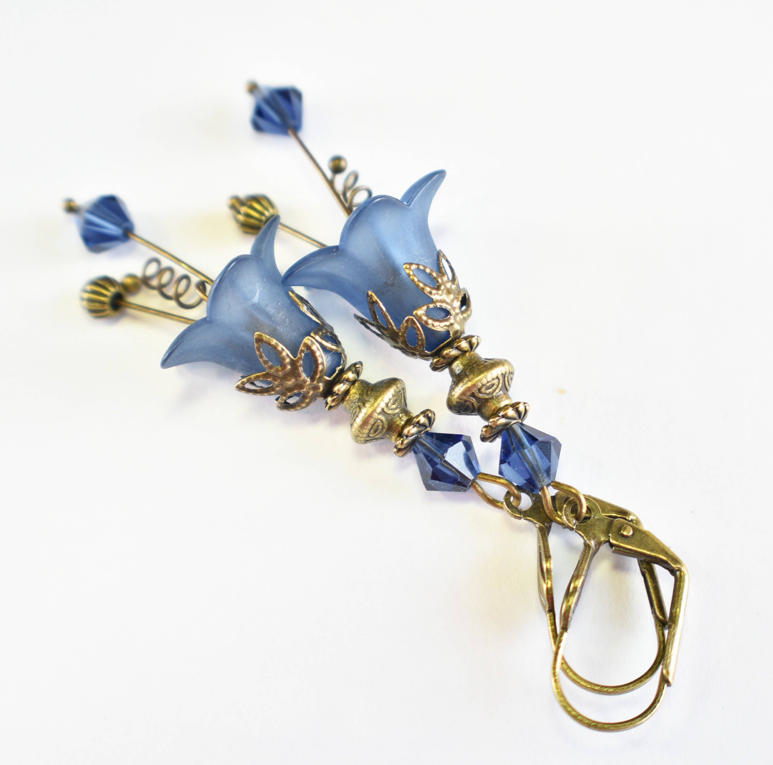 Chic Brico - Wholesale Dangle Earrings - Victorian Style Navy Blue and Antique Bronze Bell Flower Luc1