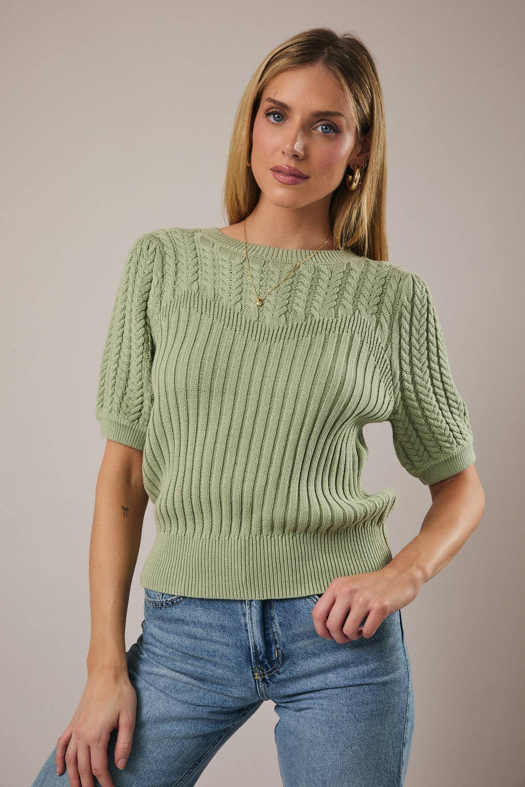 Sunday Edition by LE LIS - Wholesale Knit Sweater - Women's - ROUND NECK PUFF SHORT SLEEVE CABLE SWEATER28