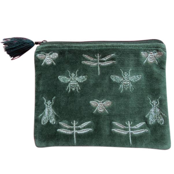 Chloe & Lex - Wholesale Pouch - Women's - Green Velvet Bees & Dragonflies Cotton Women's Pouch Bag