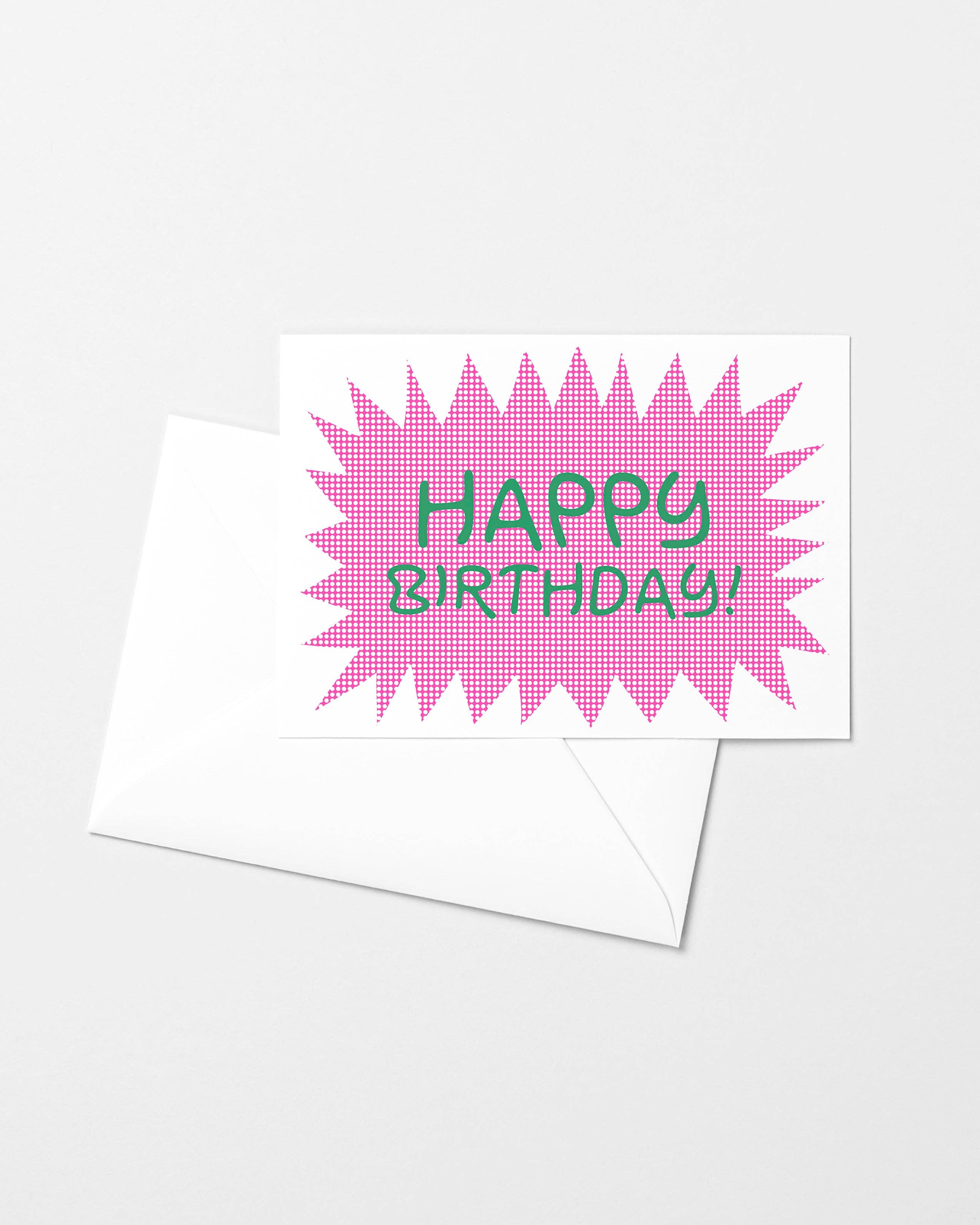 Mezzaluna Studio - Wholesale Birthday Card - Happy Birthday Pink Starburst Risograph Greeting Card0