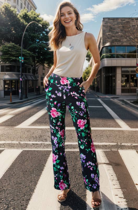 BLACK HOT PINK EP6717-15 FLORAL FLARE PANTS for wholesale on Faire