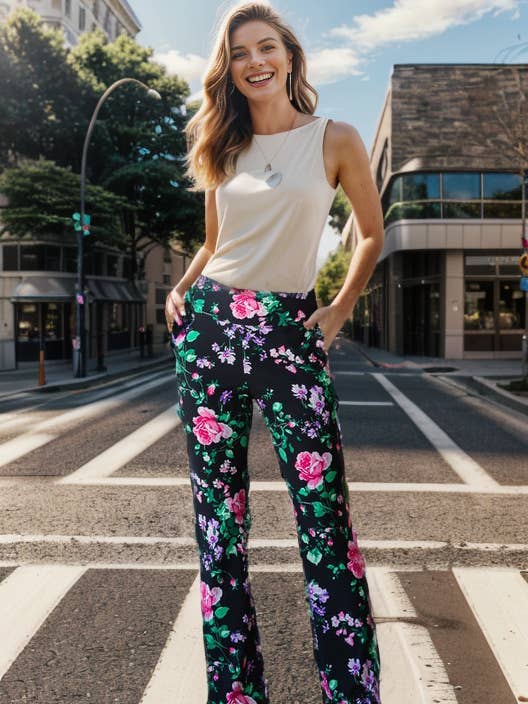 BLACK HOT PINK EP6717-15 FLORAL FLARE PANTS for wholesale on Faire0