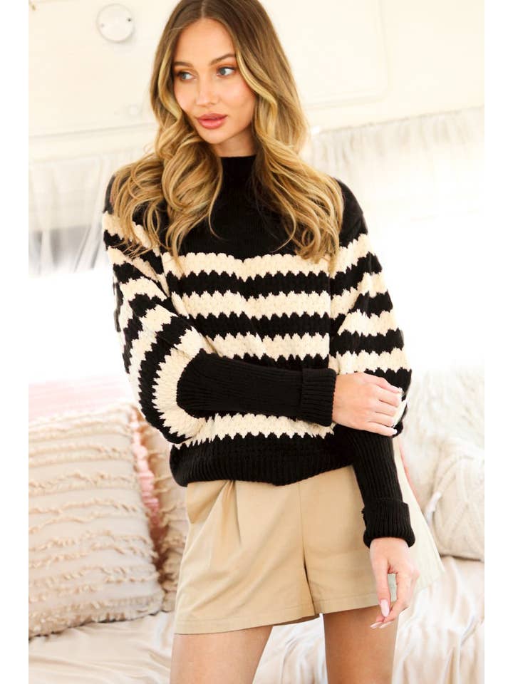Vine & Love - Wholesale Knit Sweater - Women's - Ribbed Mock Neck Textured Striped Knitted Sweater VT7033210
