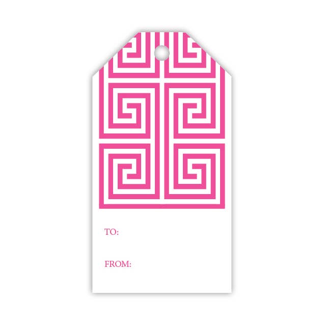 Etichetta regalo rosa caldo con motivo a chiave greca per la vendita all'ingrosso da parte di RosanneBeck Collections