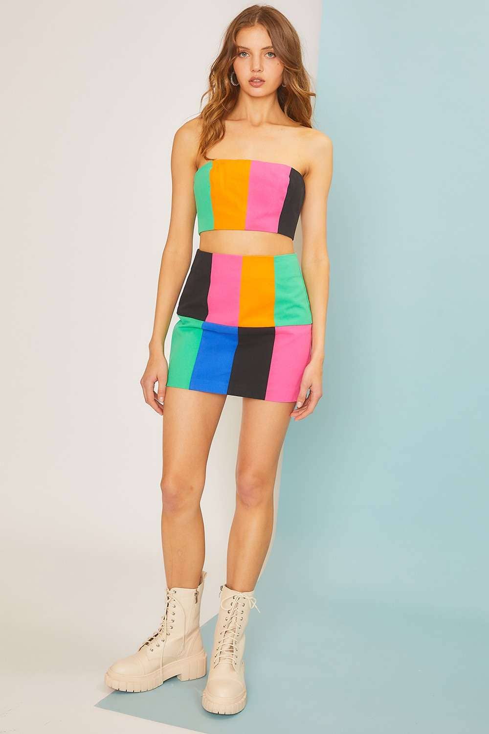 MULTI Back Zipper Color Block Denim Mini Skirt for wholesale on Faire7