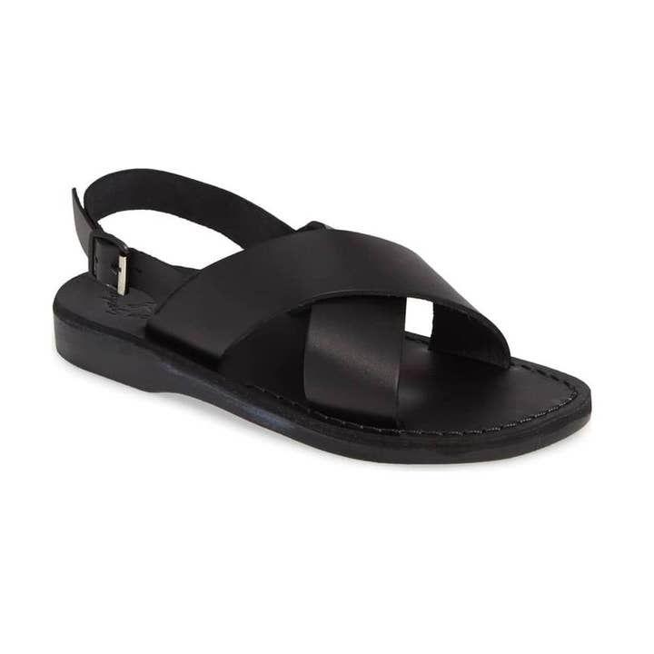 Elan Buckle - Sandales à bandoulière épaisse en cuir | Noir pour la vente par Jerusalem Sandals