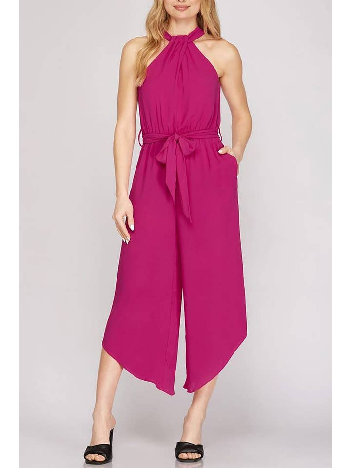 ROUSSEAU - Wholesale Jumpsuit - Women's - HALTER NECK WITH WAIST SASH WOVEN JUMPSUIT2