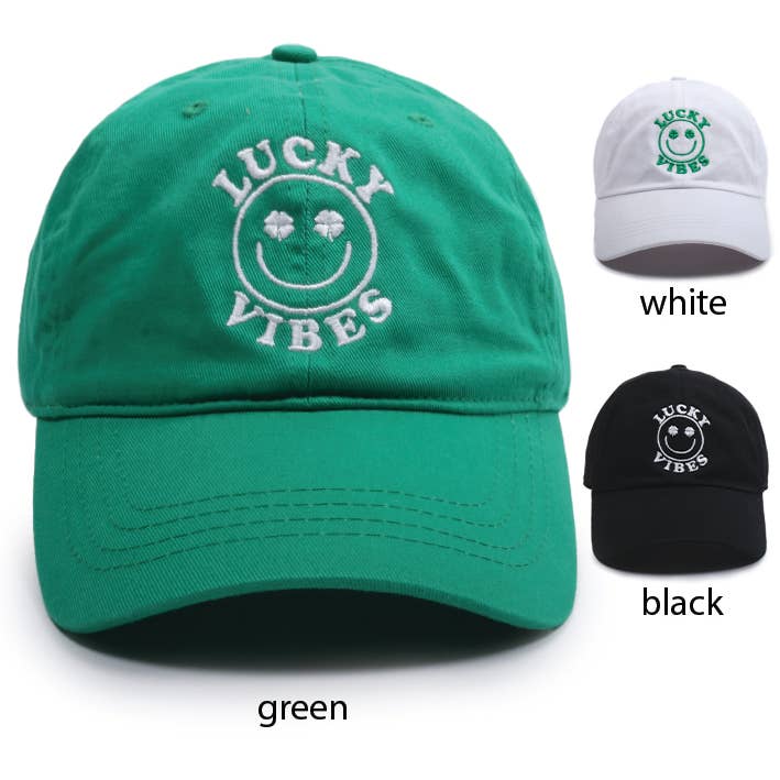 "LUCKY VIBES" FACE EMBROIDERED BASEBALL CAP for wholesale by David And Young