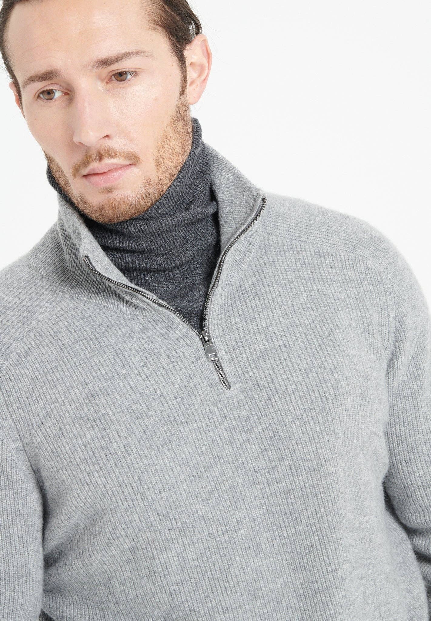 light grey ZACH 2 men's trucker sweater in cashmere for wholesale on Faire3
