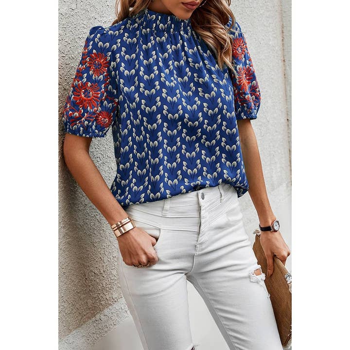 Floral Mock Neck Puff Sleeve Loose Blouse for wholesale by Shoppe247
