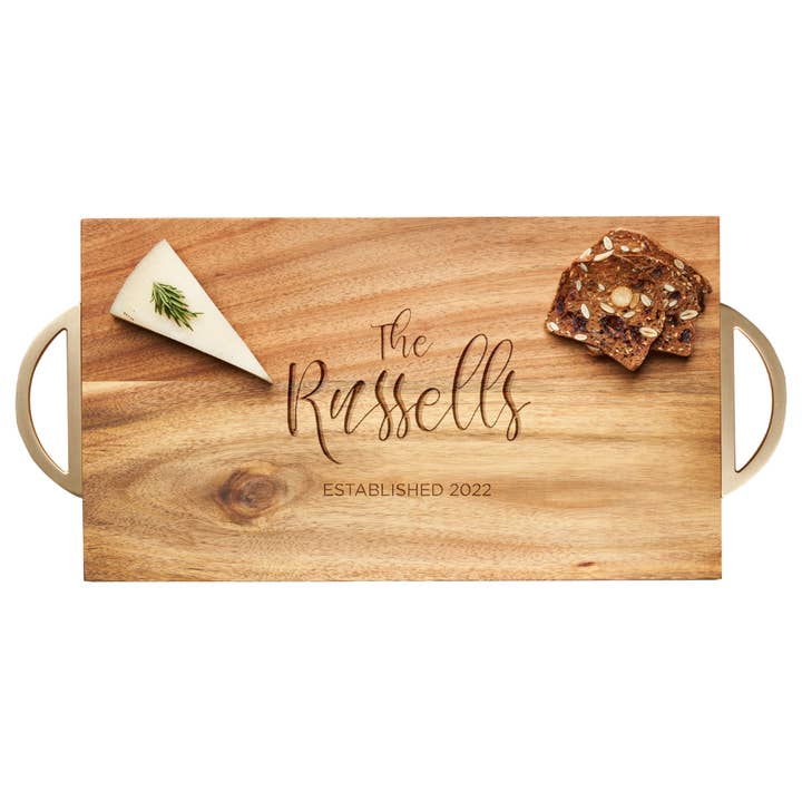 Personalize Acacia Modern Rectangle 14x8" w gold handles for wholesale by Sophistiplate