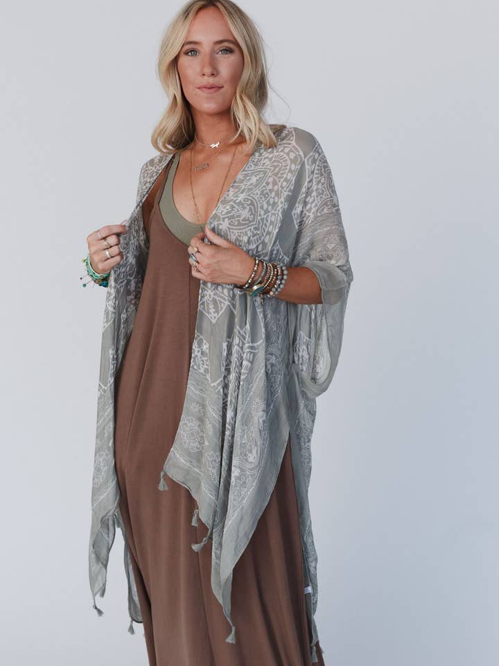 Mandala Tassel Kimono - Olive for wholesale by Three Bird Nest