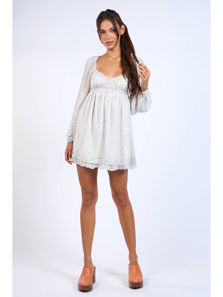Lovely Bae DITSY FLORAL LONG SLEEVE RUFFLE TRIM MINI DRESS for wholesale on Faire1