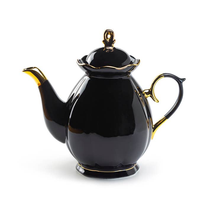 Grace Teaware - Wholesale Tea Pot - Black and Gold Scallop 40oz Fine Porcelain Teapot