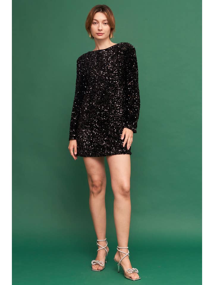 En Crème - Wholesale Dress - Women's - Long Sleeve Sequin Mini Dress with Back Tie Bow17