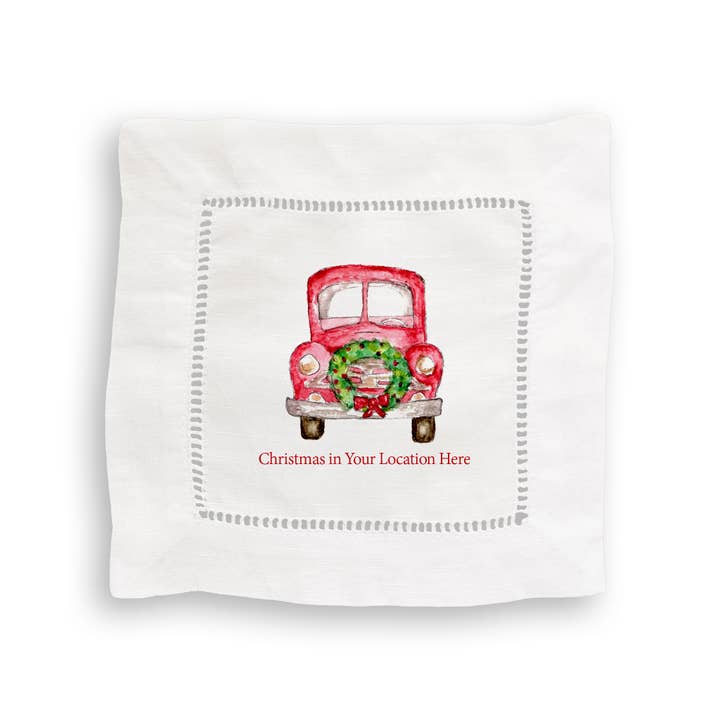 French Graffiti - Wholesale Tea Towel - Red Truck with Wreath and Location