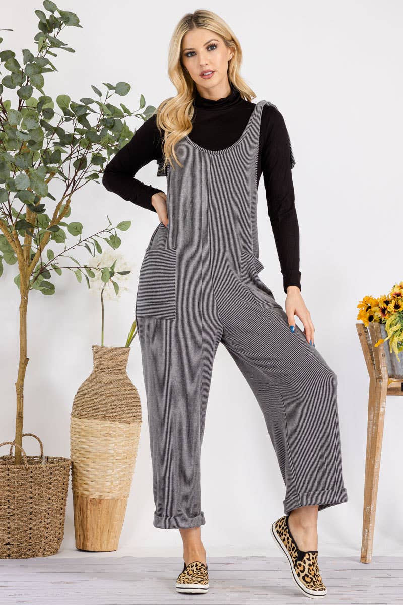 Celeste Clothing – Großhandel Jumpsuit – Damen – Plus-Size verstellbarer Rippen-Overall mit Fronttaschen - CP4387342