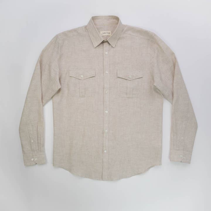 Stitch Note - Wholesale Button Down Shirt - Men's - Pocket Melange Linen Long Sleeve Shirt