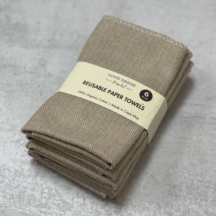 Organiska återanvändbara pappershanddukar - Set om 6 | Neutral Herringbone för wholesale av Good Deeds Market