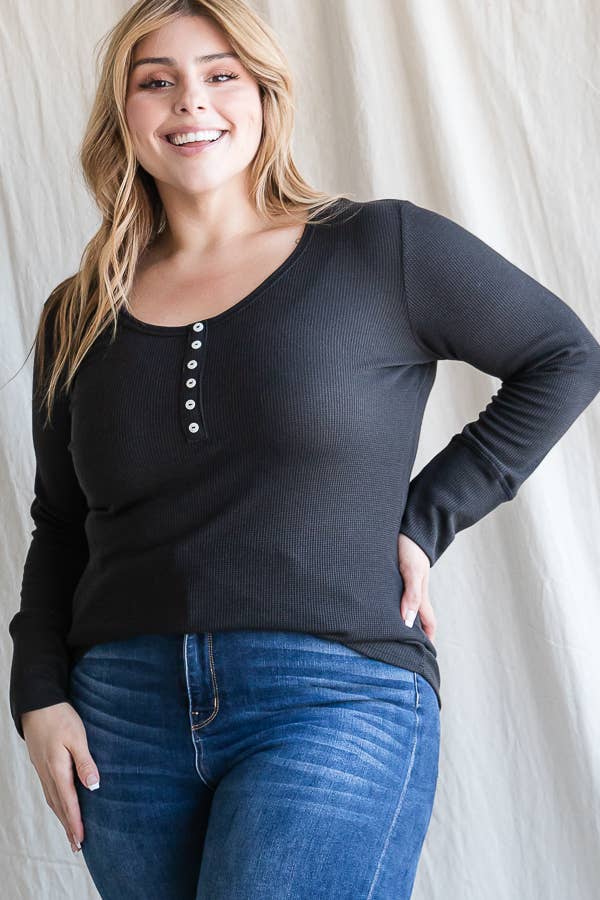 7th Ray - Wholesale Knit Top - Women's - [PLUS SIZE] Thermal Button Front Scoop Neck Top T4316XL4