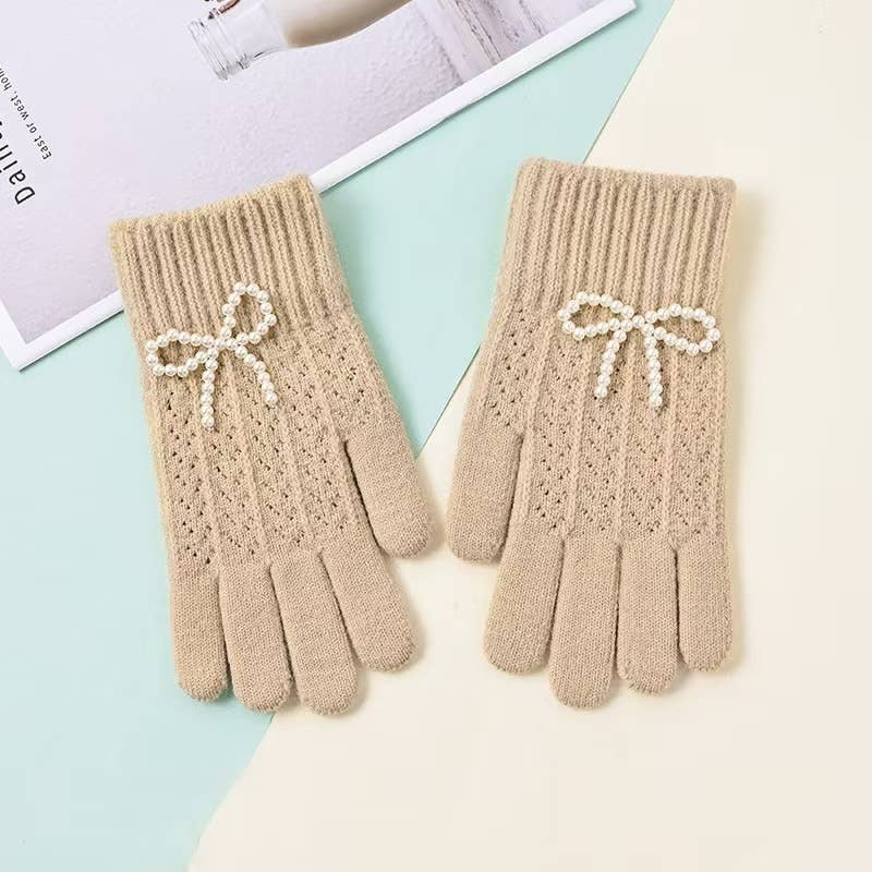 Little Trendy - Vente Gants – femme - Gants chauds en tricot Pearl Bow Sweet Knitted pour femmes1