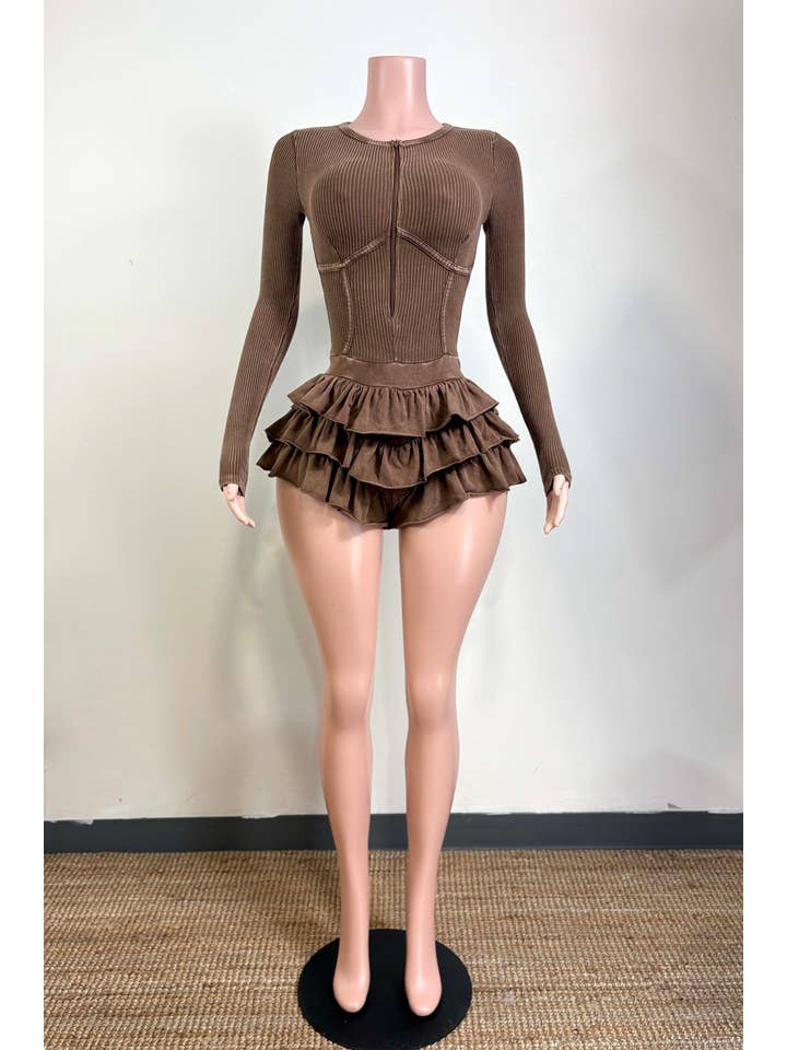 Dalia Studio - Wholesale Romper - Women's - MINERAL WASH ZIP UP TIERED BOTTOM ROMPER